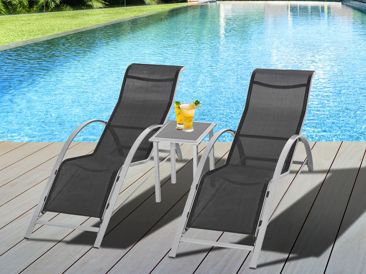 Outsunny Gartenliege-Set 3-teilig aus Metall mit Tisch und 2 Liegen in Schwarz und Silber, B/H/T: 59 x 66 x 169 cm - Bild 3