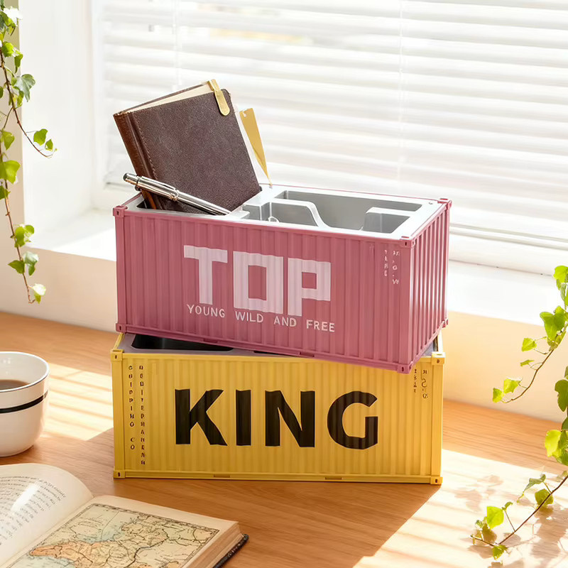 Kreative Aufbewahrungsbox im Container-Design als Schreibtisch-Organizer für Stifte und Scheren, Grau, Kunststoff - Bild 2