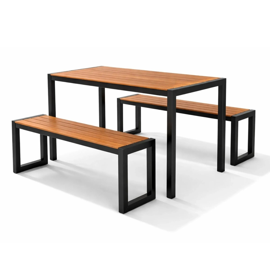 BERLINLODGE Bierzeltgarnitur MALLORCA 3-teiliges Gartenmöbel-Set für 4 Personen in Braun mit Tisch und 2 Bänken aus Kunststoff und Metall in Holzoptik - Bild 2