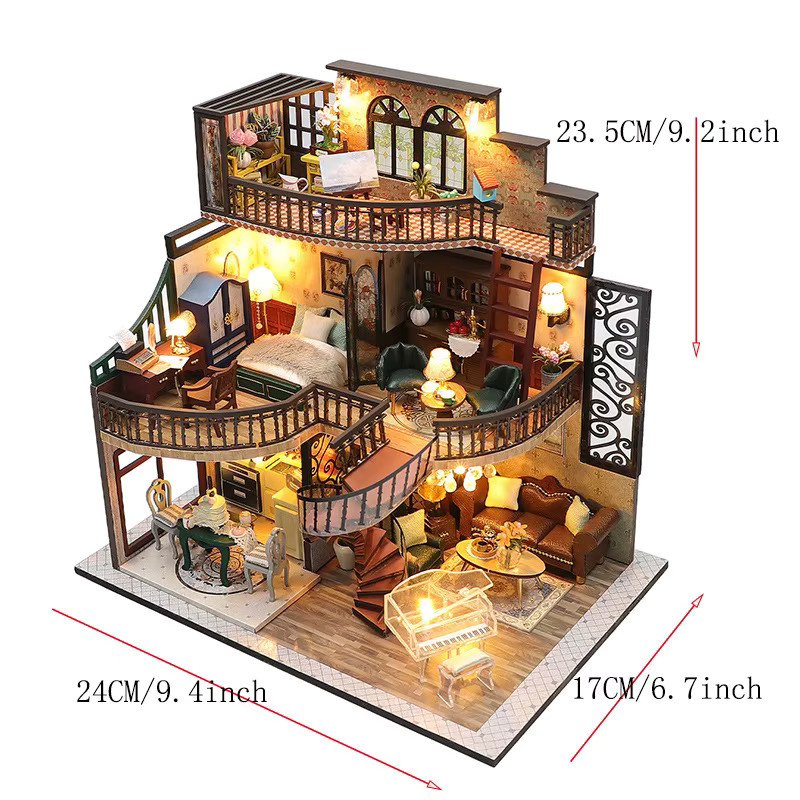 Zuuton Miniatur Puppenhaus Kit Retro Villa, 3D Puzzle Modell, Holz, mit LED-Lichtern - Bild 5