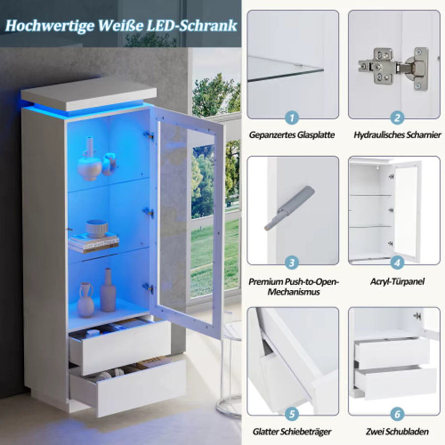 Hochglanz Vitrine Hochschrank mit LED-Beleuchtung und 2 Schubladen in Weiß, B/T/H: 60 x 40 x 171 cm - Bild 2