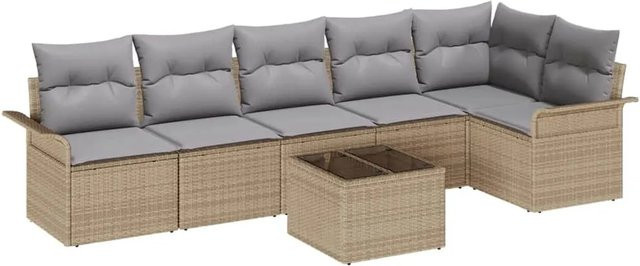 7-tlg. vidaXL Garten-Sofa-Set aus Polyrattan in Beige mit Kissen und L-Form - Bild 1