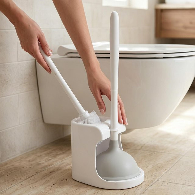 Igeteck 2-in-1 Toilettenpömpel und Bürsten-Set in Weiß und Grau mit freistehendem Kunststoffbehälter - Bild 1