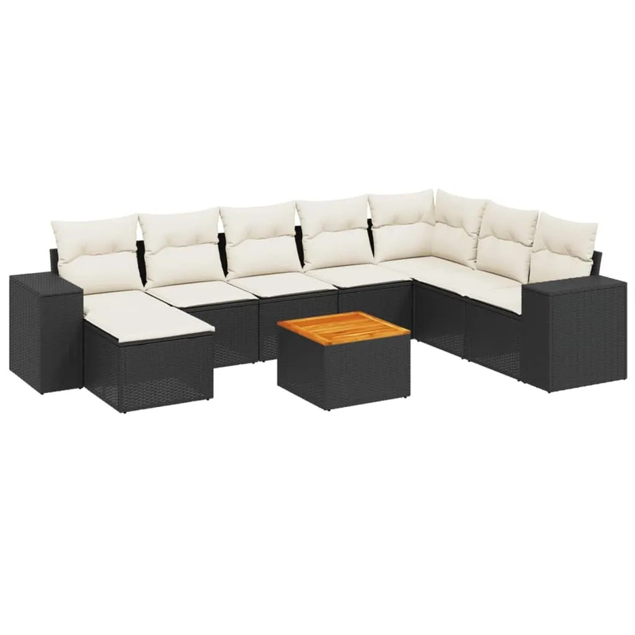 vidaXL 9-teilige Garten-Sofagarnitur aus Poly-Rattan und Akazienholz in Schwarz-Creme mit Kissen - Bild 2
