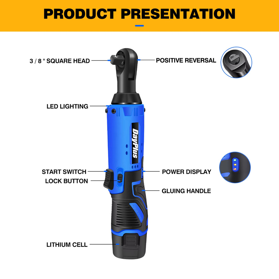 DayPlus Kabelloser elektrischer Ratschenschlüsselsatz 3/8 Zoll in Blau mit 2x 1500mAh Li-Ion-Akkus und 7 Steckschlüsseln für Auto, Fahrrad und Montage - Bild 2