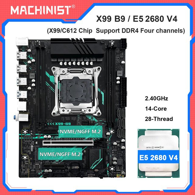 MACHINIST X99 B9 Motherboard-Kit mit Intel Xeon E5 2680 V4 CPU, LGA 2011-3, C612 Chipsatz, DDR4 4-Kanal-RAM Unterstützung, NVME/SATA M.2 und USB 3.0, Schwarz - Bild 1