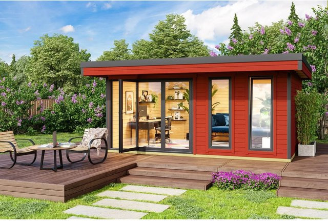Lasita Holz-Gartenhaus Domeo 8 Flachdach in Schwedenrot lasiert mit Blockbohlenbauweise, B/T: 500 x 400 cm - Bild 1