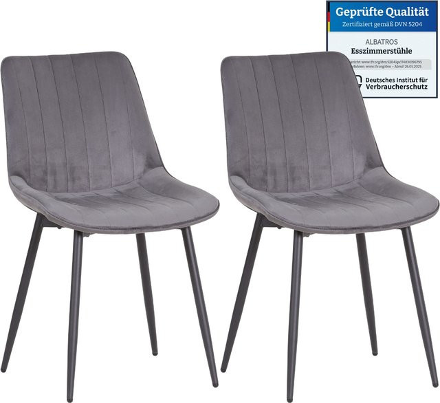 Albatros BOSA Samtstuhl Grau – 2er-Set gepolsterte Esszimmerstühle im modernen Retro-Design - Bild 1