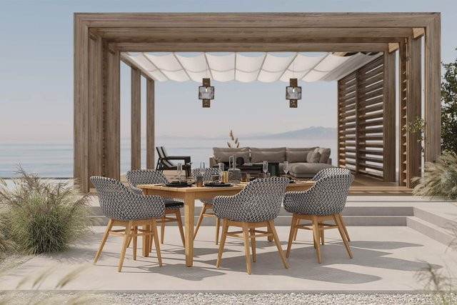 OUTFLEXX Bali Garten-Essgruppe aus Akazie und Polyrattan mit 6 Sesseln, Schwarz/Weiß/Natur, Tisch B: 180 cm, T: 90 cm, H: 75 cm - Bild 1