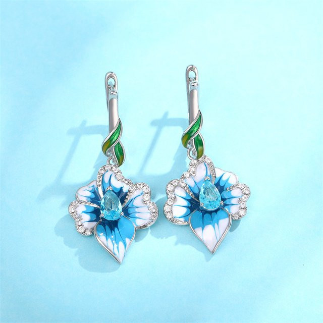 Huitan Ohrringe, Blaue Blume Tropfen, Emaille, Silber, Kristall, Damen - Bild 1