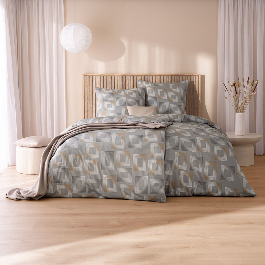 Estella Mako Jersey Bettwäsche aus Baumwolle Grau mit Rechtecke Honig Design, B/H: 155 x 220 cm inkl. Kissenbezug 80 x 80 cm - Bild 1