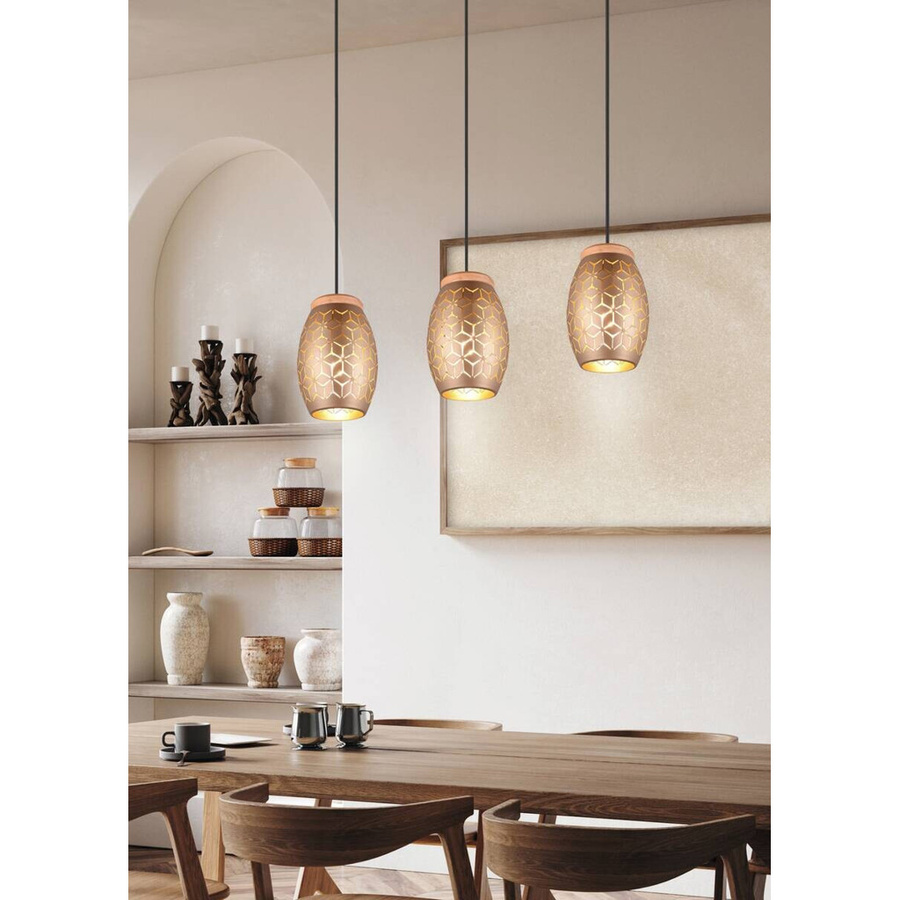Reality Pendelleuchte Bidar 3-flammig in Gold und Coffee aus Metall und Holz mit E27 Fassung, B/H/T: 71 x 150 x 15 cm - Bild 2