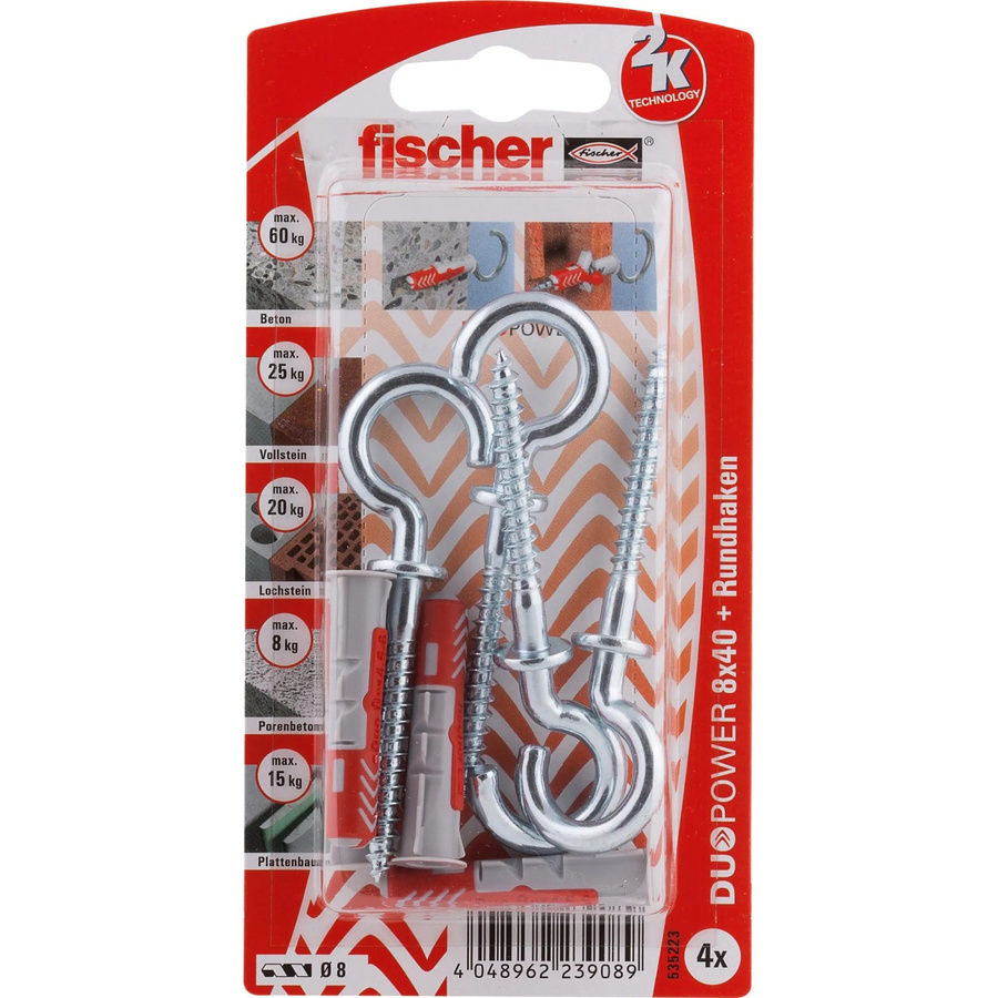 Fischer DuoPower Dübel mit Rundhaken, Ø 8 mm x 40 mm, 4 Stück, mehrfarbig - Bild 2