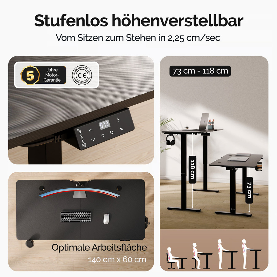 Casaria Elektrischer höhenverstellbarer Schreibtisch in Schwarz für Büro und Arbeitszimmer B/T/H: 140 x 60 x 73-118 cm - Bild 2