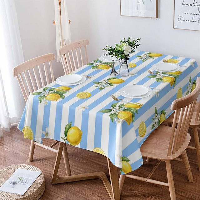 Rechteckige Tischdecke von JMG Household Supplies mit blau-weißem Streifenmuster und gelben Fruchtmotiven, B/T: 140 x 140 cm - Bild 1