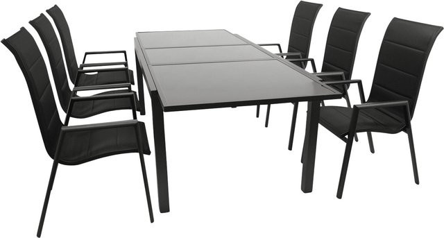 DEGAMO Gartenmöbel Garnitur TORINO 7-teilig aus Alu, Glas und Kunstgewebe in Schwarz, ausziehbarer rechteckiger Tisch - Bild 1