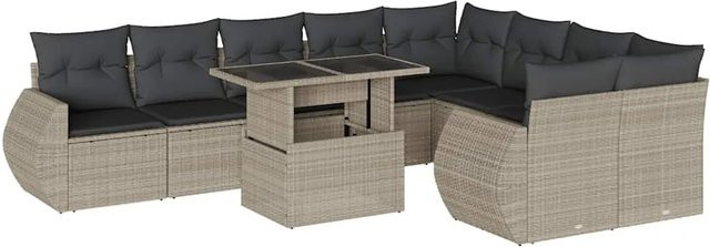 vidaXL 10-tlg. Garten-Sofagarnitur in L-Form aus Poly-Rattan mit Kissen in Hellgrau - Bild 1