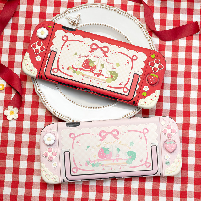 Geekshare Spring Strawberry Silikon-Schutzhülle und JoyCon-Abdeckung für Nintendo Switch 2 in Rot inklusive Daumengriffen - Bild 1