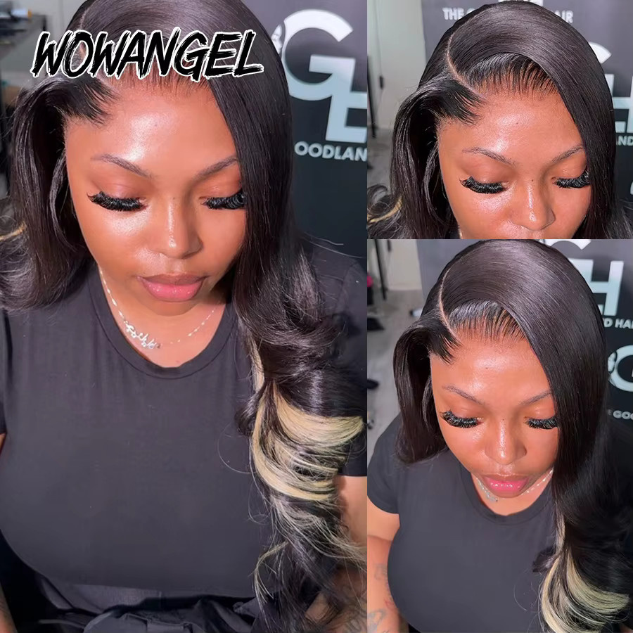 WOWANGEL Black and Blonde Quick Weave Skunk Stripe Perücke, Body Wave, Echthaar - Bild 3