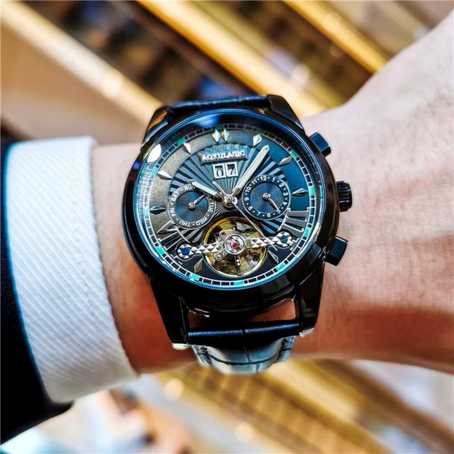 AOKULASIC Armbanduhr Automatik, Edelstahl, Leder, Schwarz, Herren - Bild 2