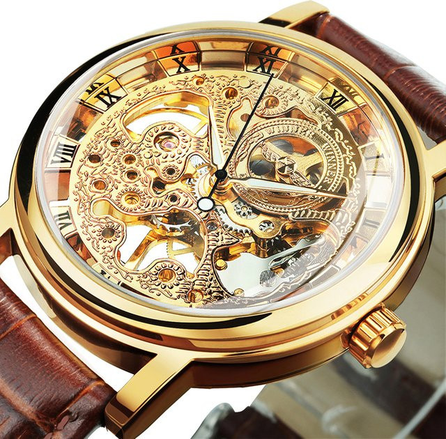 WINNER Armbanduhr, Skelett-Mechanische Uhr, Gold, Handaufzug, Leder, Herren - Bild 1