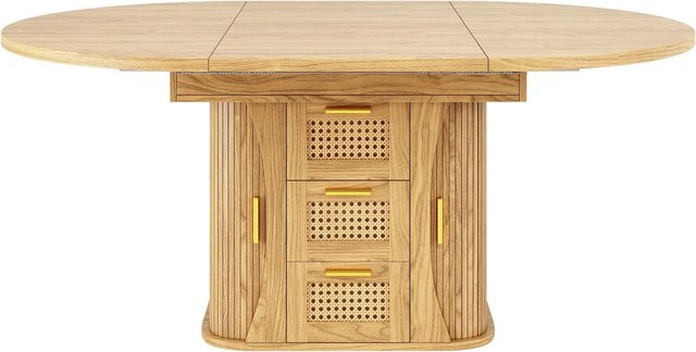 Merax Ausziehbarer Esstisch in Braun mit Rattan-Design und MDF-Tischplatte, B/T/H: 118 x 77,1 x 75 cm - Bild 1