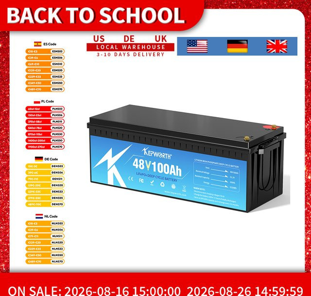 KEPWORTH 48V 100Ah LiFePO4-Batterie mit integriertem 200A Bluetooth-BMS für Golfwagen, Boote, Trolling-Motoren, Rasenmäher und Solaranlagen - Bild 1