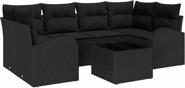 vidaXL Garten-Sofa-Set 7-teilig in Schwarz aus Poly-Rattan und Stahl mit Glas-Couchtisch und Polsterkissen - Bild 1