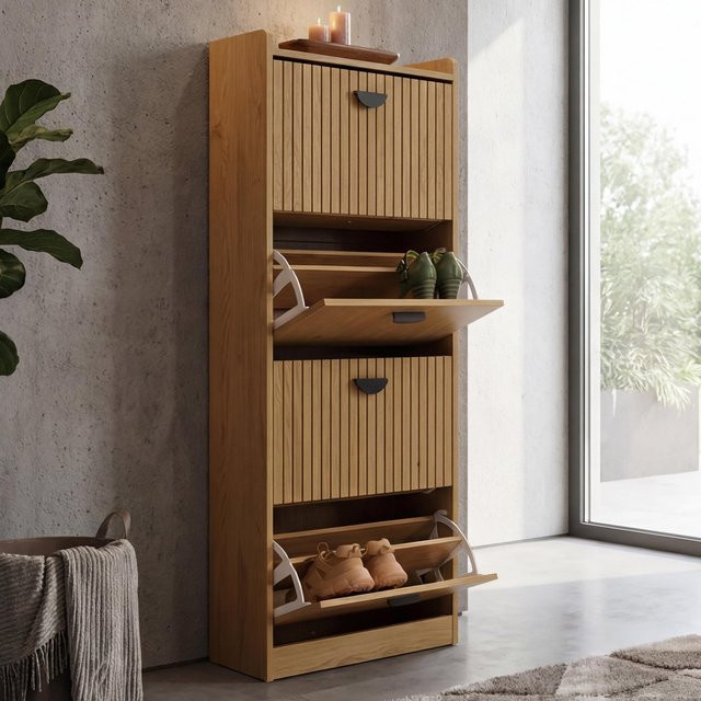 Schuhschrank MCW O39 mit 4 Klappfächern in Braun, Lamellen-Design aus MDF, Melamin und Metall, H x B x T: 147 x 50 x 24 cm - Bild 1