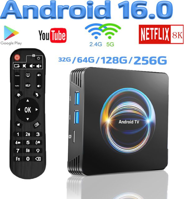 X66 Smart TV Box Android 16.0 Media Streamer mit 256GB ROM, 8K Auflösung, Dual-Band WLAN und Bluetooth 5.4 in Schwarz - Bild 1