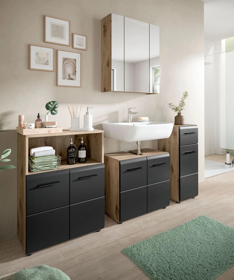 Badmöbel Set Cover von Inn.Furn in Schwarz und Eiche, 4-teilig, modern mit LED-Beleuchtung, Breite: 180 cm, Höhe: 185 cm, Tiefe: 30 cm - Bild 3