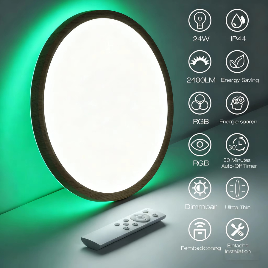 2er Set Oyajia RGB LED Deckenleuchten 24W mit Fernbedienung, dimmbar, modernes Design in Holzoptik, rund, Multicolour - Bild 3