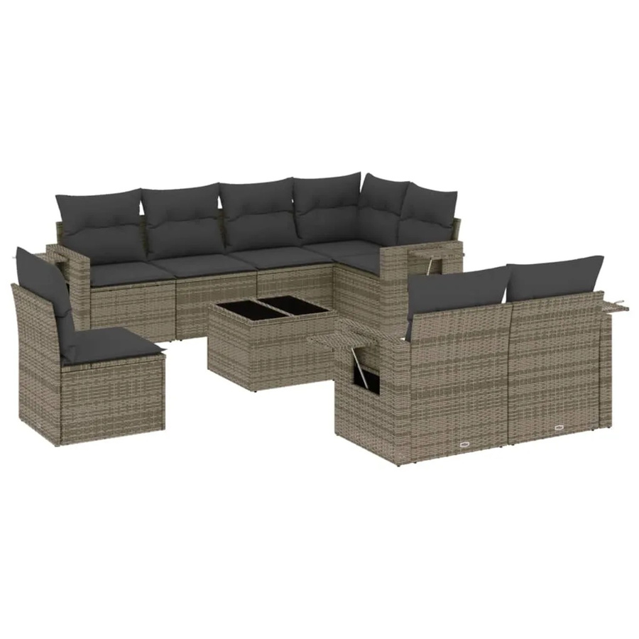 vidaXL 9-tlg Garten-Sofagarnitur in L-Form aus grauem Poly-Rattan mit Kissen und pulverbeschichtetem Stahlgestell - Bild 2