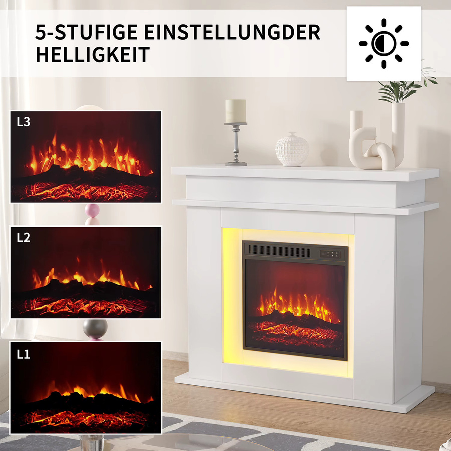 Rosahqnda Elektrischer Kaminheizer mit 3D LED-Flammen Effekt, freistehend, Weiß und Eiche - Bild 3