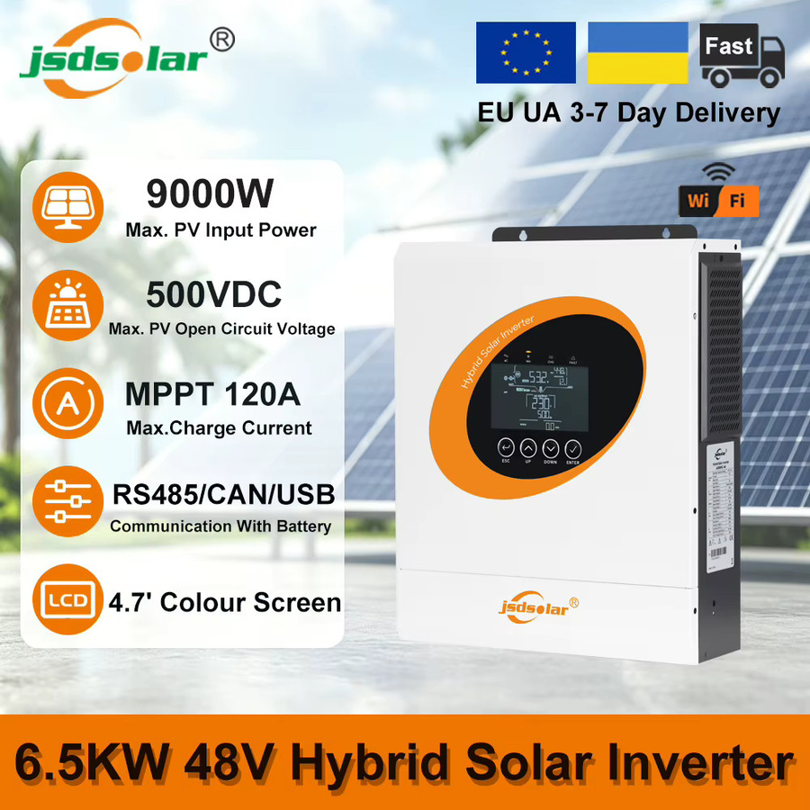 Jsdsolar 6,5KW 48V Hybrid-Solarwechselrichter mit MPPT 120A Solarladegerät, Reiner Sinuswellen On/Off-Grid Wechselrichter, WiFi, Doppel-AC-Ausgang, Farbe: Weiß - Bild 2