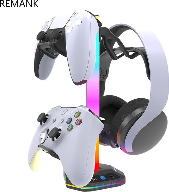 REMANK Spielcontroller-Halterung mit RGB-Beleuchtung für PS5, PS5 Slim, PS4, Xbox und PC, Kopfhörerhalter und Aufbewahrungszubehör in Schwarz - Bild 1