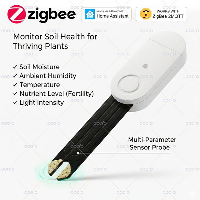 Coolo Zigbee 3.0 5-in-1 Bodentester in Weiß zur Messung von Bodenfeuchtigkeit, Temperatur, Fruchtbarkeit und Beleuchtungsstärke für Haus- und Gartenpflanzen - Bild 1