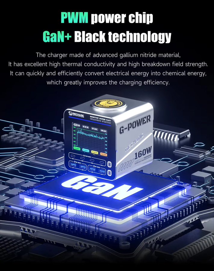 MECHANIC G-Power 160W GaN Desktop-Ladestation mit 15W Wireless-Schnellladefunktion und Digitalanzeige in Schwarz - Bild 6