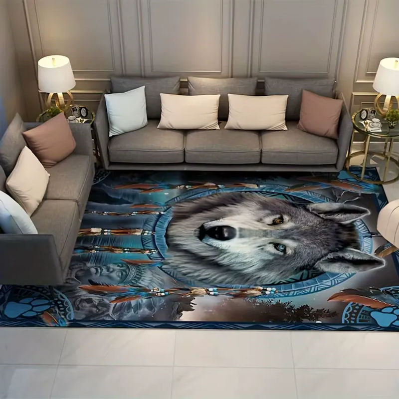 VIKAMA Native American Wolf Dreamcatcher Teppich in Blau, rutschfeste und waschbare Matte mit Tribal-Wolf-Feder-Print für Wohnzimmer und Schlafzimmer - Bild 4