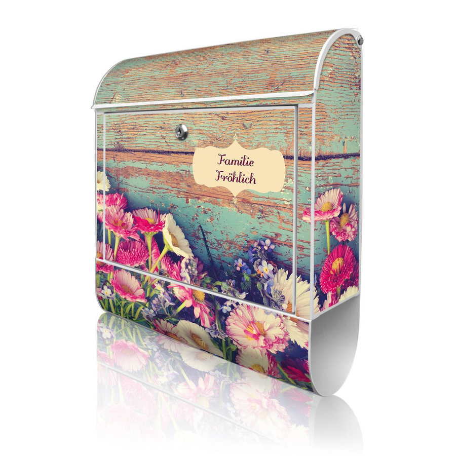 Banjado Briefkasten aus Stahl in Weiß mit Blumenmotiv und Zeitungsfach, B/T/H: 38 x 13 x 47 cm - Bild 1