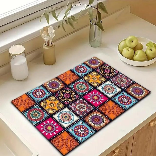 Saugfähige Küchenarbeitsplattenmatte von Lodestar mit Retro-Muster in Multicolour, rutschfestes und schnell trocknendes Tischset, B/H: 60 x 40 cm - Bild 1