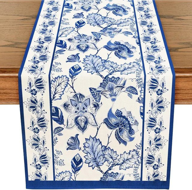 VIKAMA Tischdecke aus Leinen mit blauem Blumenmuster im Landhausstil, rechteckig - Bild 1