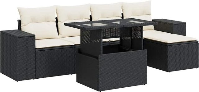 vidaXL 6-teilige Garten-Sofagarnitur aus Poly-Rattan mit Kissen in Schwarz und Cremeweiß - Bild 1
