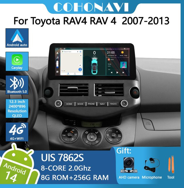 Roadonline Android 14 Autoradio für Toyota RAV4 2007-2013 mit 12,3 Zoll Display, GPS-Navigation, 8-Kern Prozessor, 8+256 GB Speicher, CarPlay und Android Auto, Schwarz - Bild 1