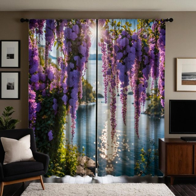 2er Set Dekovorhang mit Glyzinienblumen-Landschaftsmotiv in Lila und Blau, digital bedruckter halbtransparenter Vorhang für dein Zuhause, B: 132 cm, H: 160 cm - Bild 1