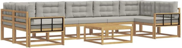 vidaXL Outdoor-Sofagarnitur L-Form aus Akazienholz mit Kissen und Couchtisch in Weiß und Grau - Bild 1