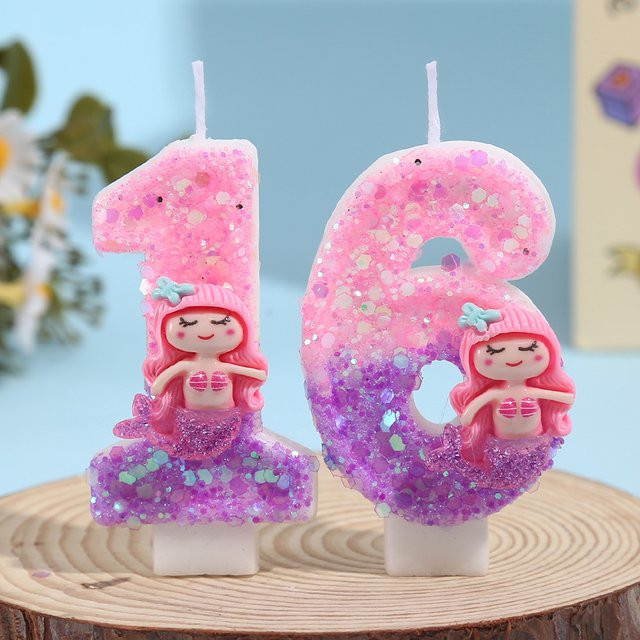 MINISO Meerjungfrau-Kuchenkerze in Pink mit Pailletten für Kindergeburtstage - Bild 1