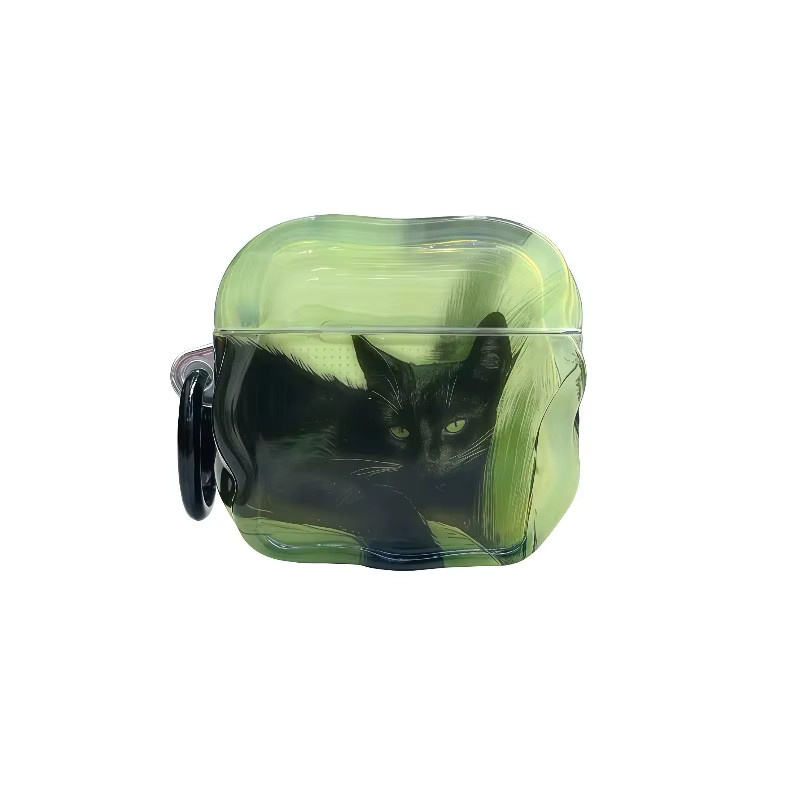 Glänzende Katzenkopfhörerhülle in Mintgrün und Schwarz für Apple AirPods (kompatibel mit AirPods 1, 2, 3, 4, Pro, Pro 2, Pro 3) inklusive schwarzem Schlüsselring - Bild 6