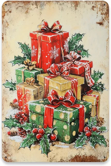 Metallschild Merry Christmas im Vintage-Stil von Easy-Han, rechteckige Wandkunst aus Metall in Multicolour, Breite: 20,32 cm, Höhe: 30,48 cm - Bild 1