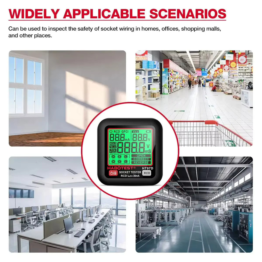 HABOTEST HT97 Digitaler Steckdosentester in Schwarz mit großem Display für EU, US und UK Stecker inklusive RCD und FCI Spannungstest - Bild 3